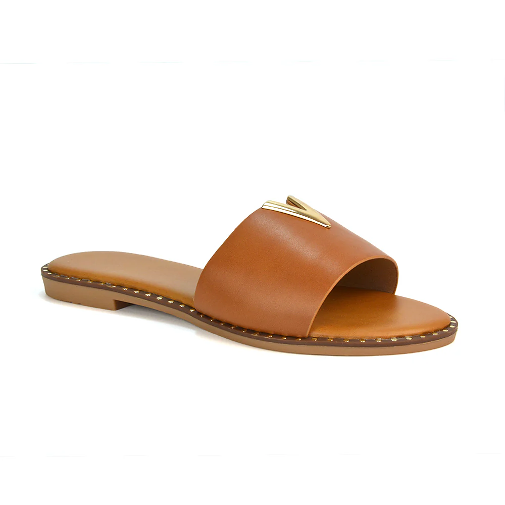 Rorie Faux Leather Slip On Cut Out Holiday Flat Sandal Sliders in Tan - Image 62