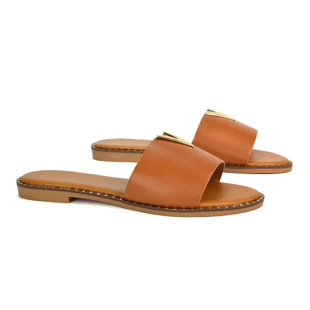 Rorie Faux Leather Slip On Cut Out Holiday Flat Sandal Sliders in Tan - Image 65