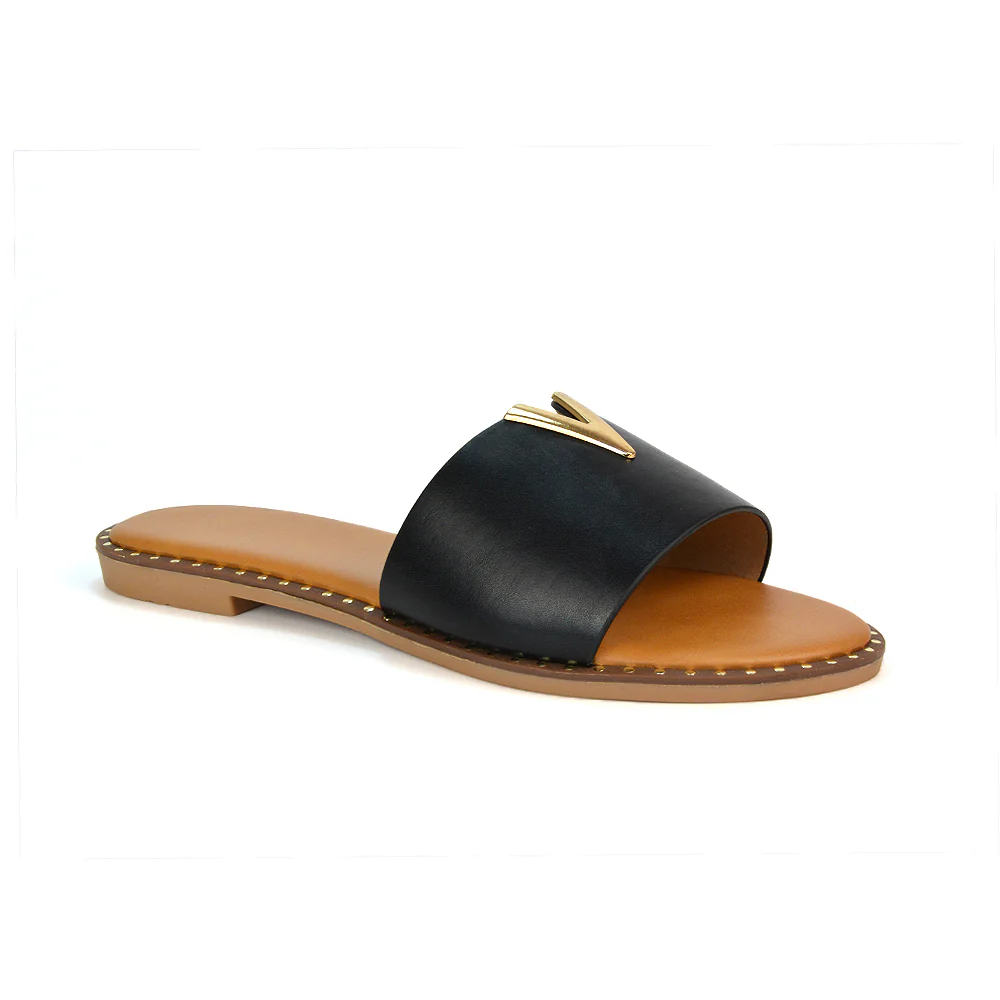 Rorie Faux Leather Slip On Cut Out Holiday Flat Sandal Sliders in Tan - Image 82