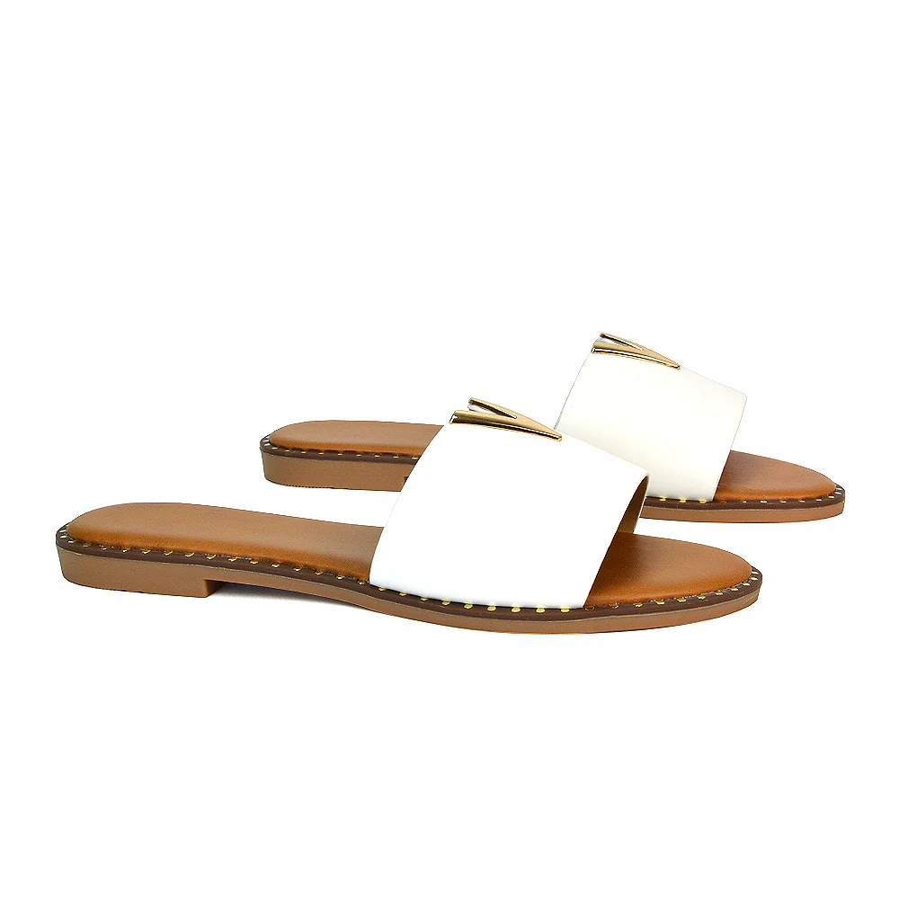 Rorie Faux Leather Slip On Cut Out Holiday Flat Sandal Sliders in White - Image 25