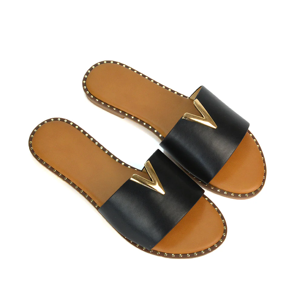 Rorie Faux Leather Slip On Cut Out Holiday Flat Sandal Sliders in White - Image 79