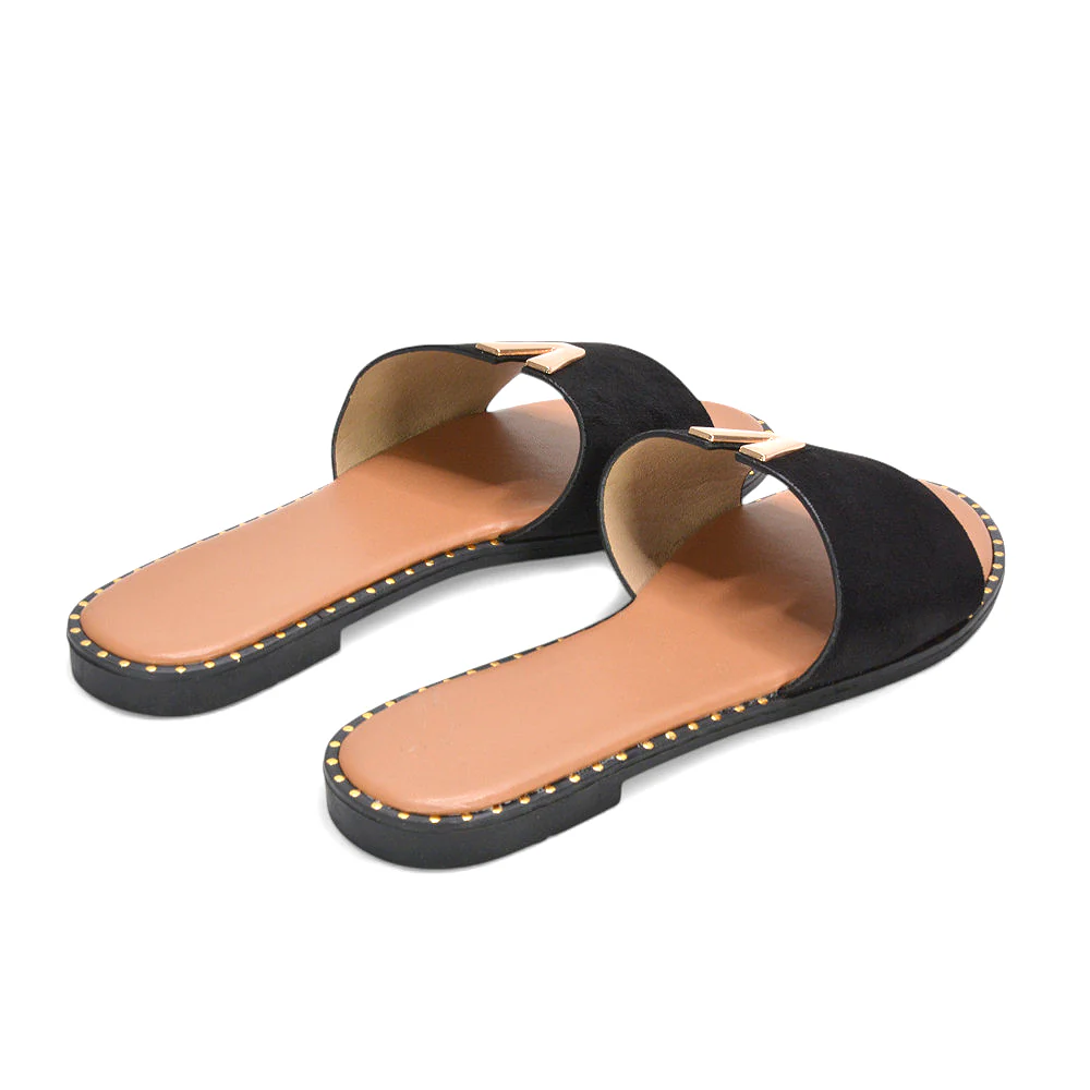 Rorie Flat Sandals Gold Trim Detail Slip On Holiday Sliders in Taupe Faux Suede - Image 12