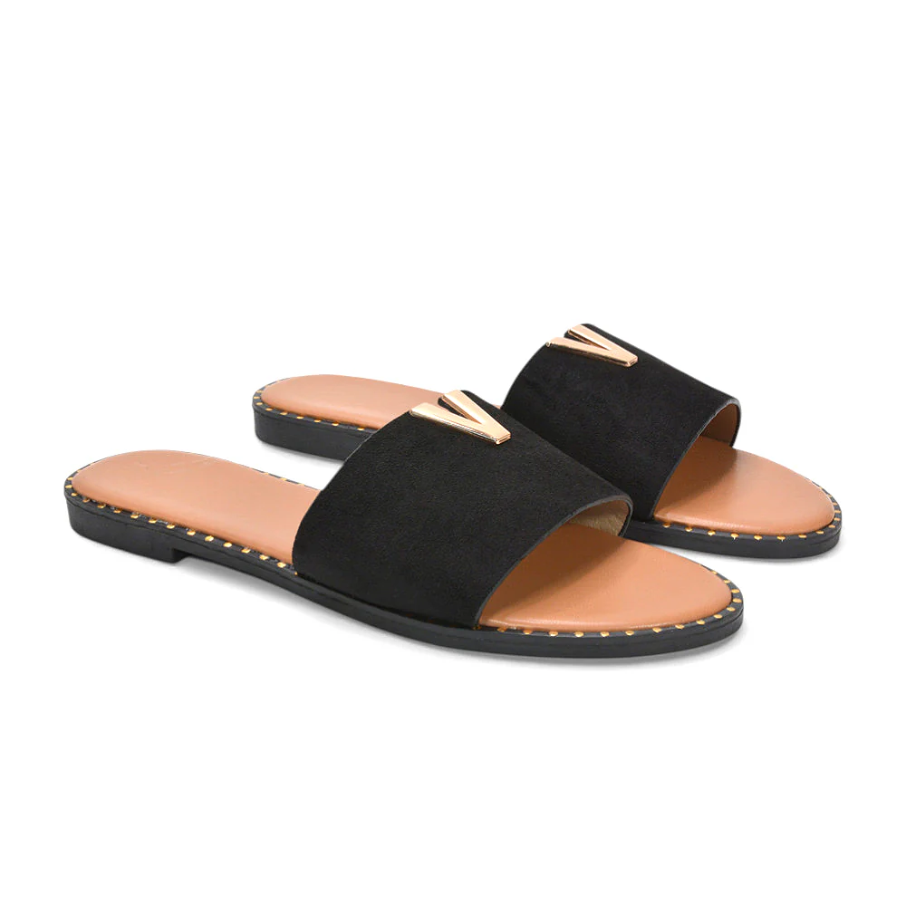 Rorie Flat Sandals Gold Trim Detail Slip On Holiday Sliders in Taupe Faux Suede - Image 7