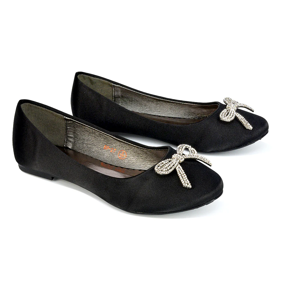 Rory Diamante Bow Flat Slip-on Wedding Bridal Pump Ballerina Shoes in Black Satin - Image 136