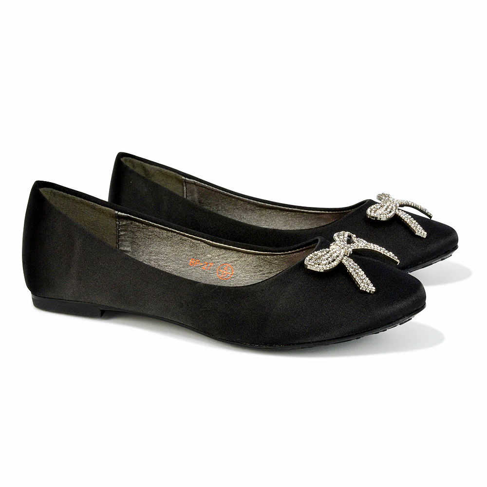 Rory Diamante Bow Flat Slip-on Wedding Bridal Pump Ballerina Shoes in Black Satin - Image 145