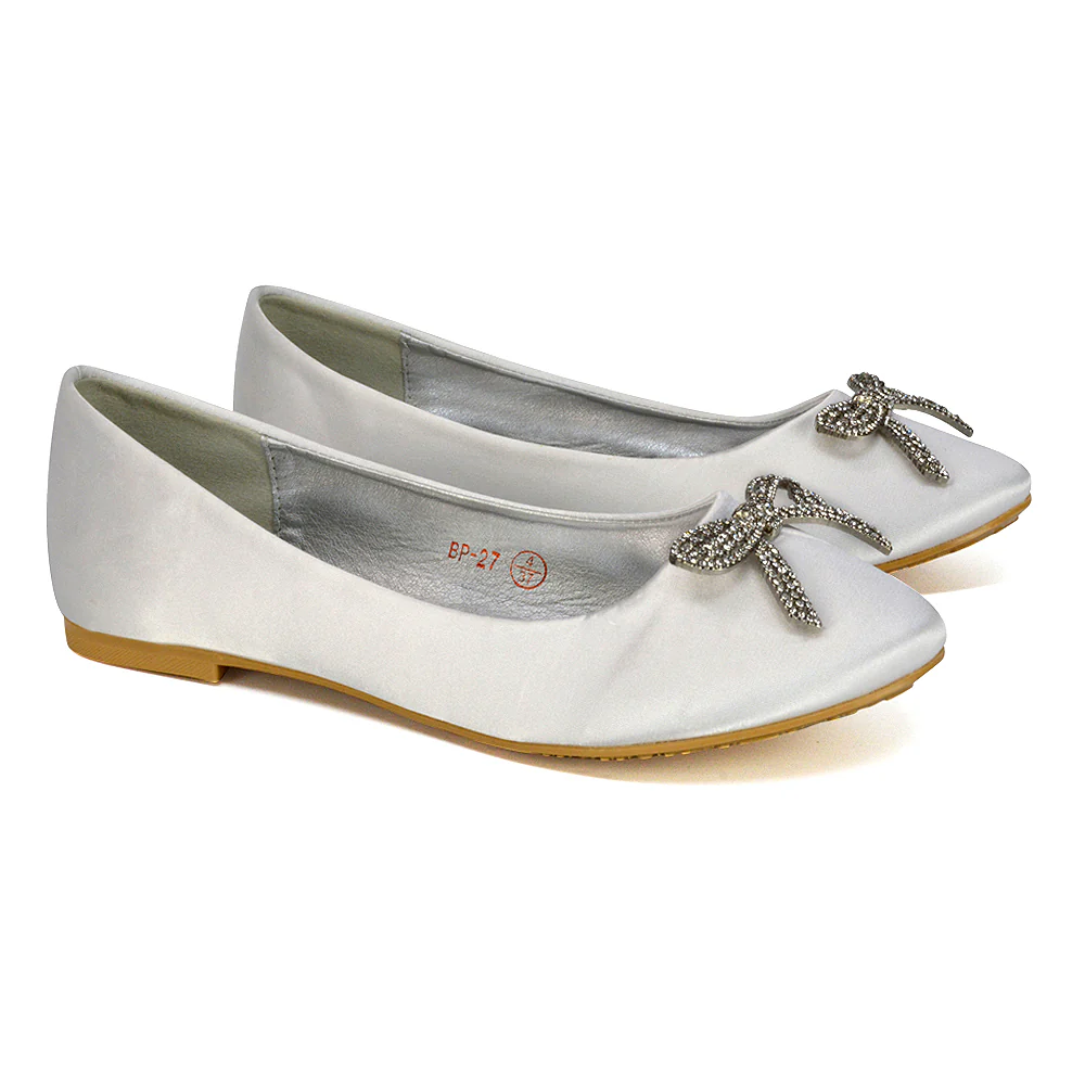 Rory Diamante Bow Flat Slip-on Wedding Bridal Pump Ballerina Shoes in Black Satin - Image 65