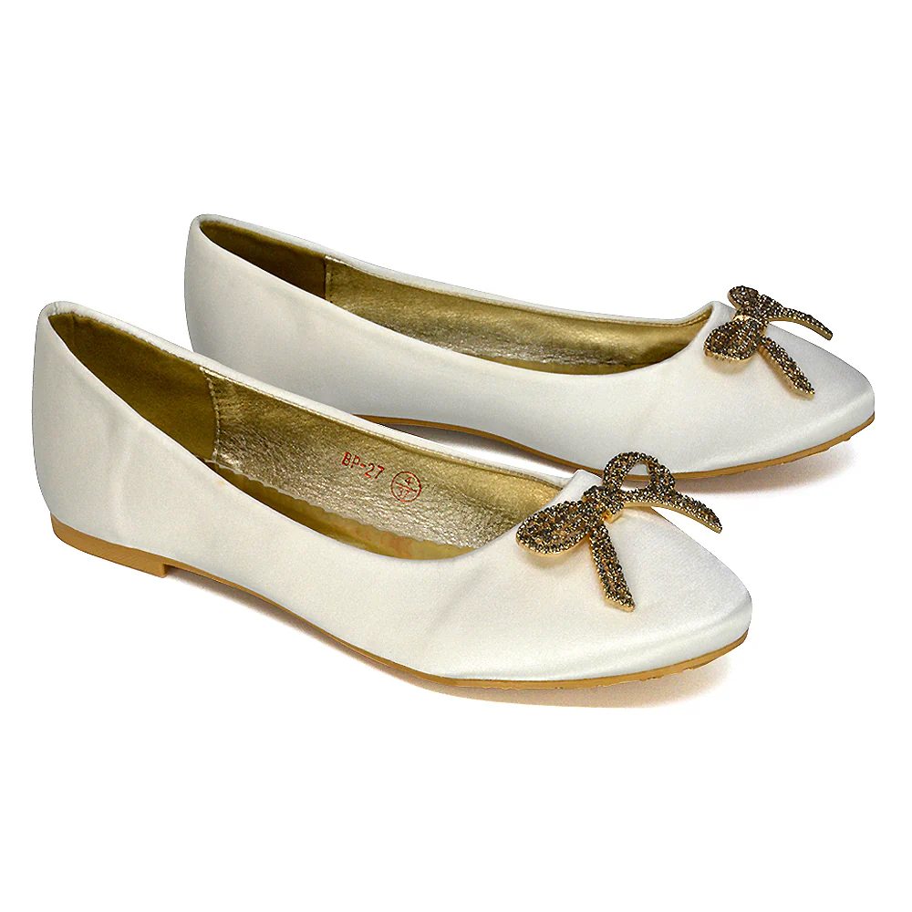 Rory Diamante Bow Flat Slip-on Wedding Bridal Pump Ballerina Shoes in Black Satin - Image 66