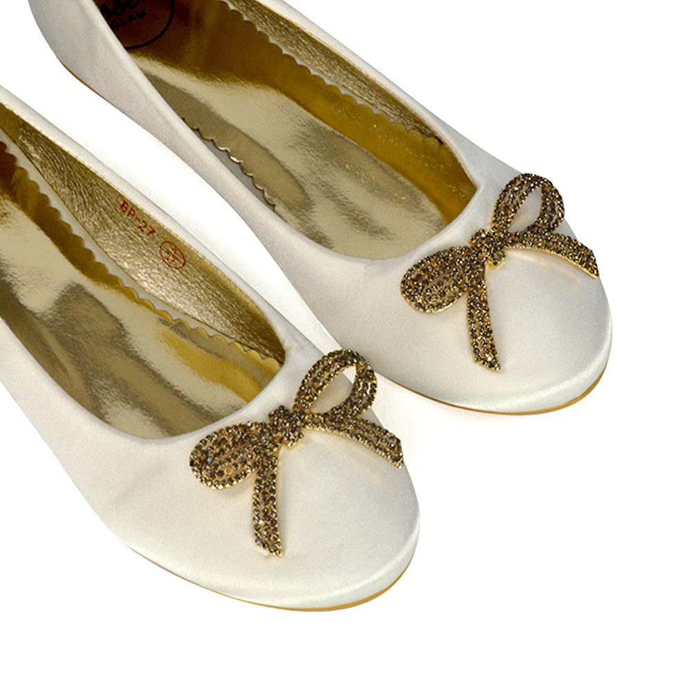 Rory Diamante Bow Flat Slip-on Wedding Bridal Pump Ballerina Shoes in Black Satin - Image 77