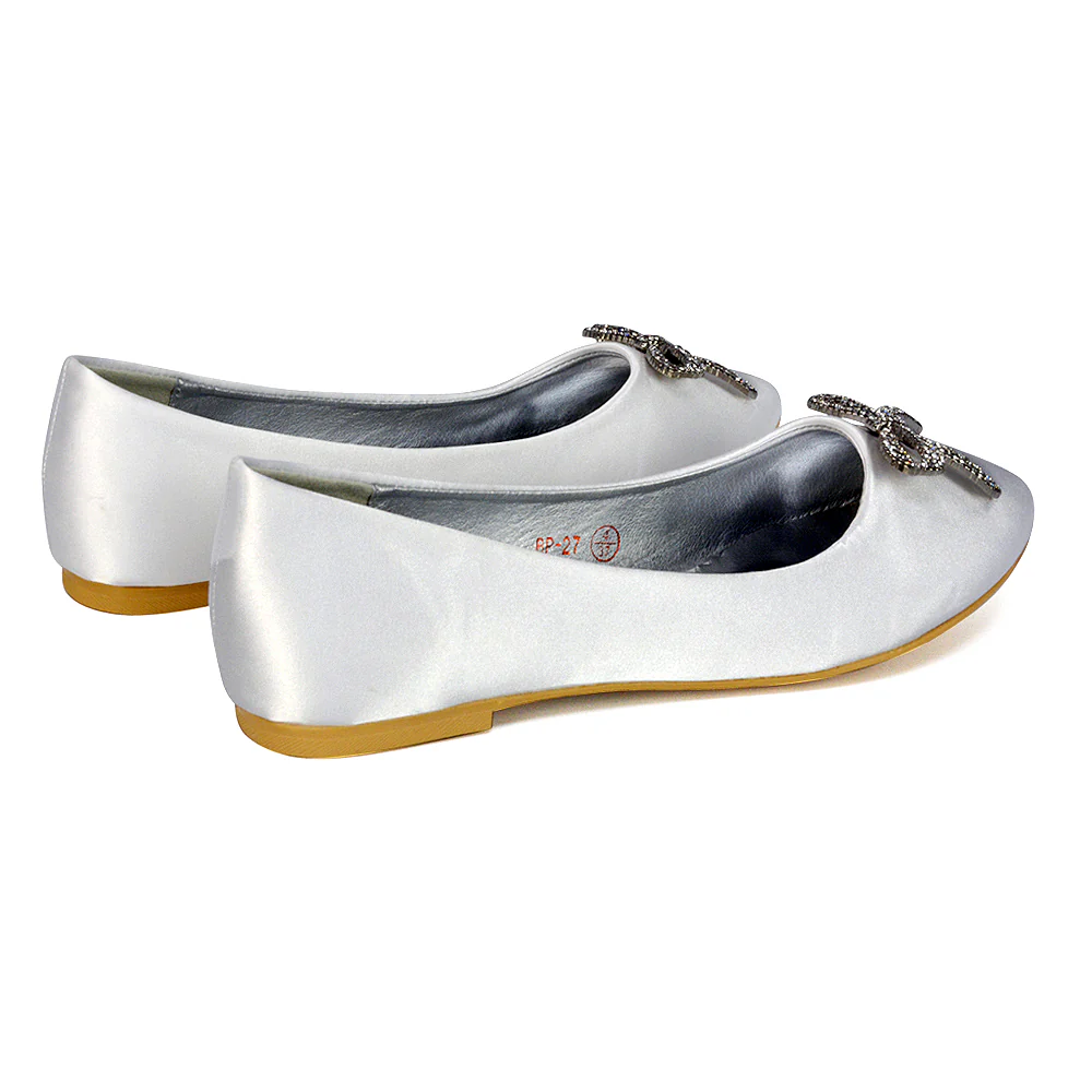 Rory Diamante Bow Flat Slip-on Wedding Bridal Pump Ballerina Shoes in Ivory Satin - Image 59