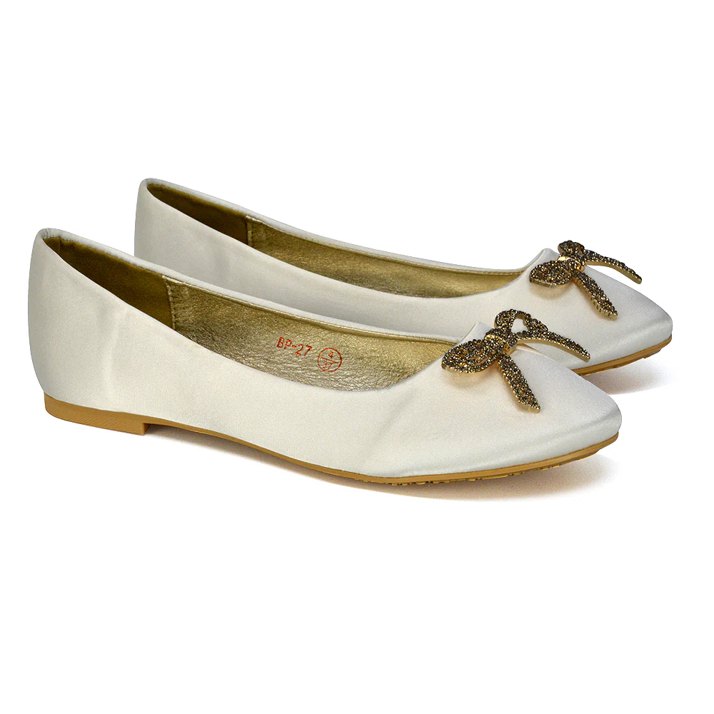 Rory Diamante Bow Flat Slip-on Wedding Bridal Pump Ballerina Shoes in Ivory Satin - Image 75