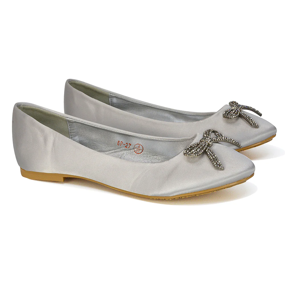 Rory Diamante Bow Flat Slip-on Wedding Bridal Pump Ballerina Shoes in Navy Satin - Image 100