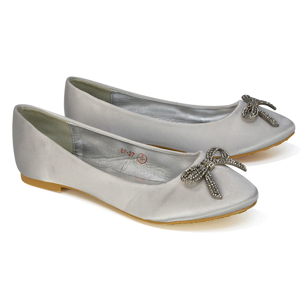 Rory Diamante Bow Flat Slip-on Wedding Bridal Pump Ballerina Shoes in Navy Satin - Image 121