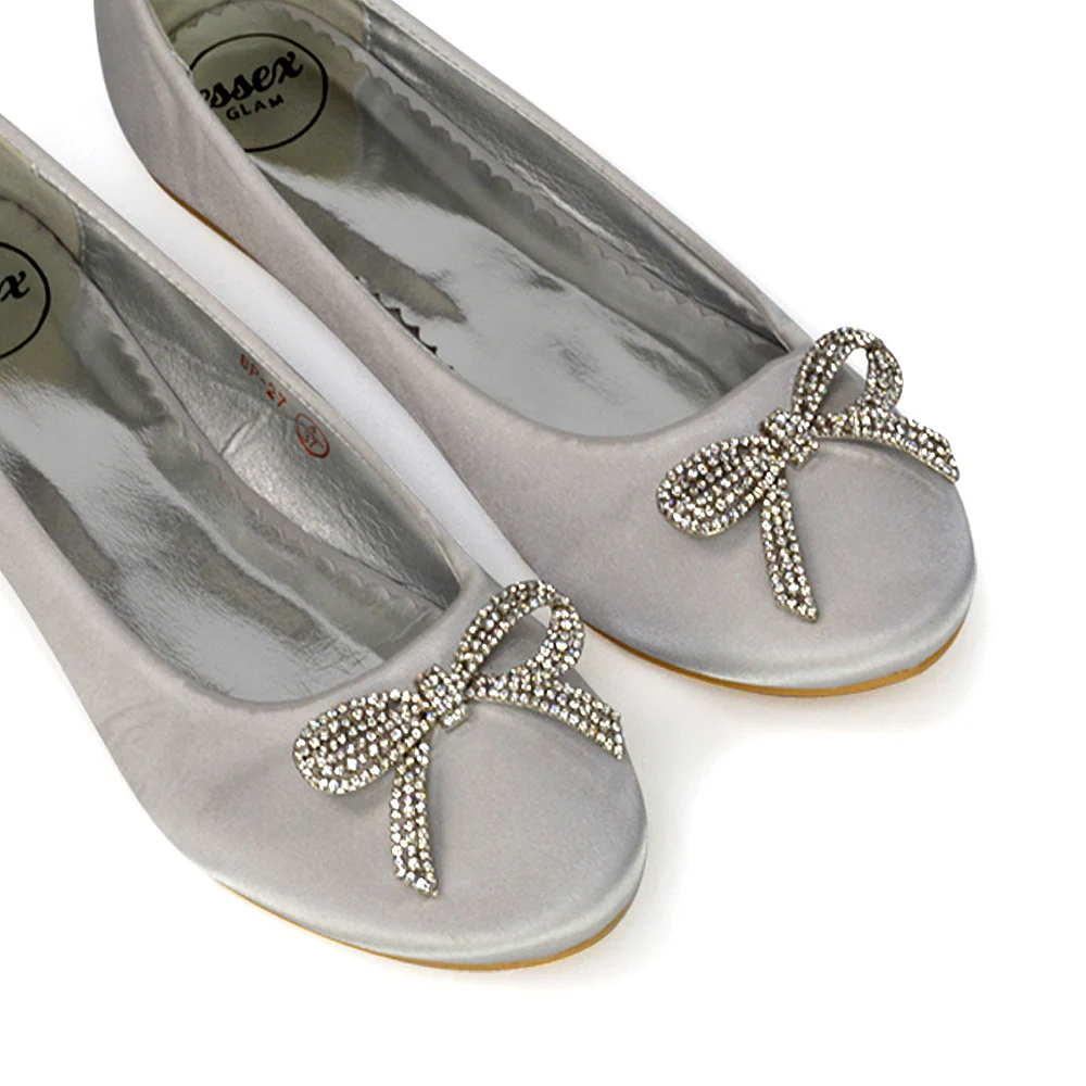 Rory Diamante Bow Flat Slip-on Wedding Bridal Pump Ballerina Shoes in Navy Satin - Image 122