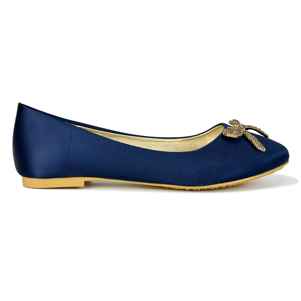 Rory Diamante Bow Flat Slip-on Wedding Bridal Pump Ballerina Shoes in Navy Satin - Image 13