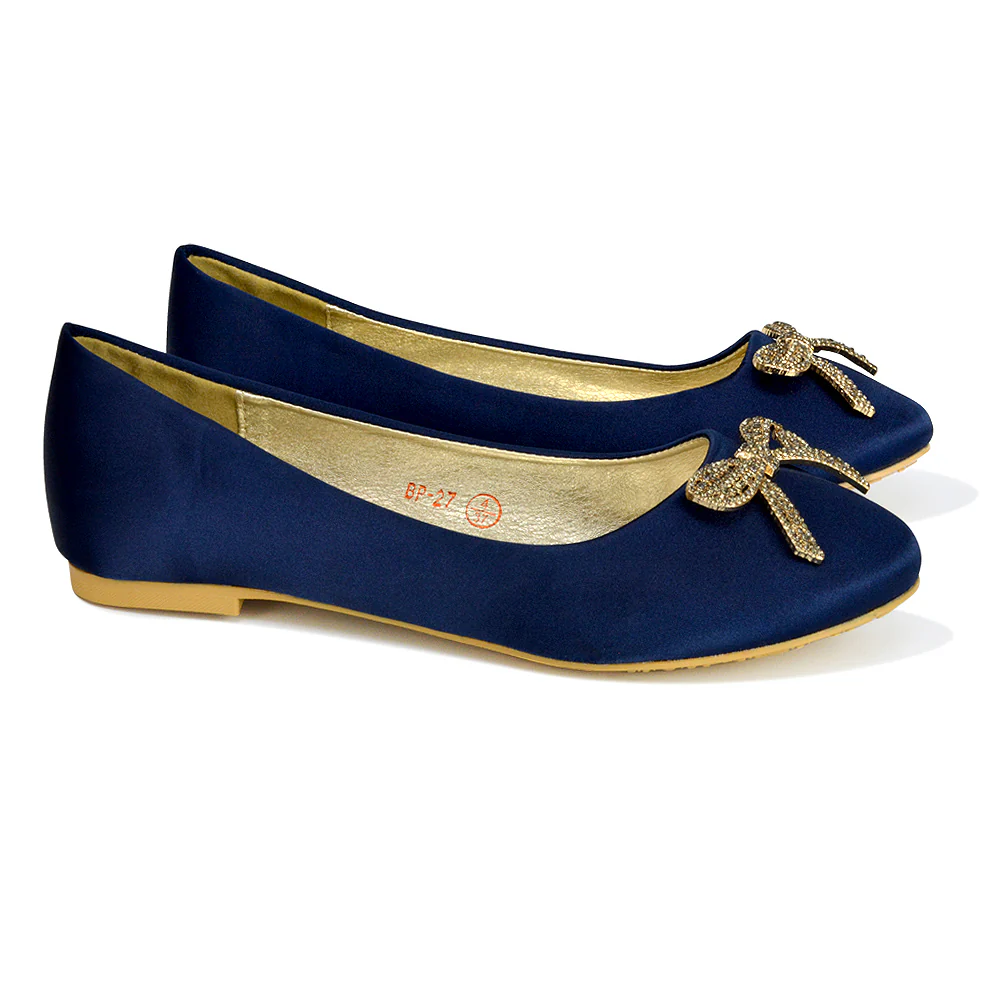 Rory Diamante Bow Flat Slip-on Wedding Bridal Pump Ballerina Shoes in Navy Satin - Image 30