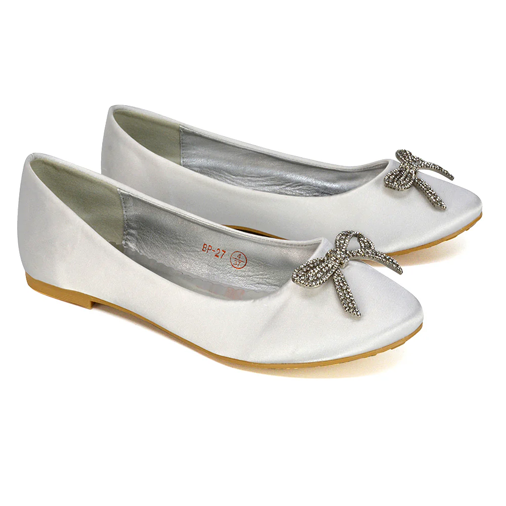 Rory Diamante Bow Flat Slip-on Wedding Bridal Pump Ballerina Shoes in Navy Satin - Image 61