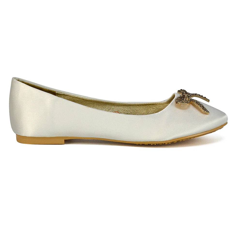 Rory Diamante Bow Flat Slip-on Wedding Bridal Pump Ballerina Shoes in Navy Satin - Image 73