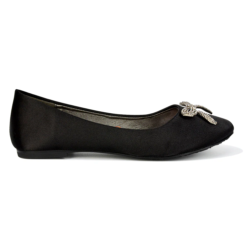 Rory Diamante Bow Flat Slip-on Wedding Bridal Pump Ballerina Shoes in Silver Satin - Image 138