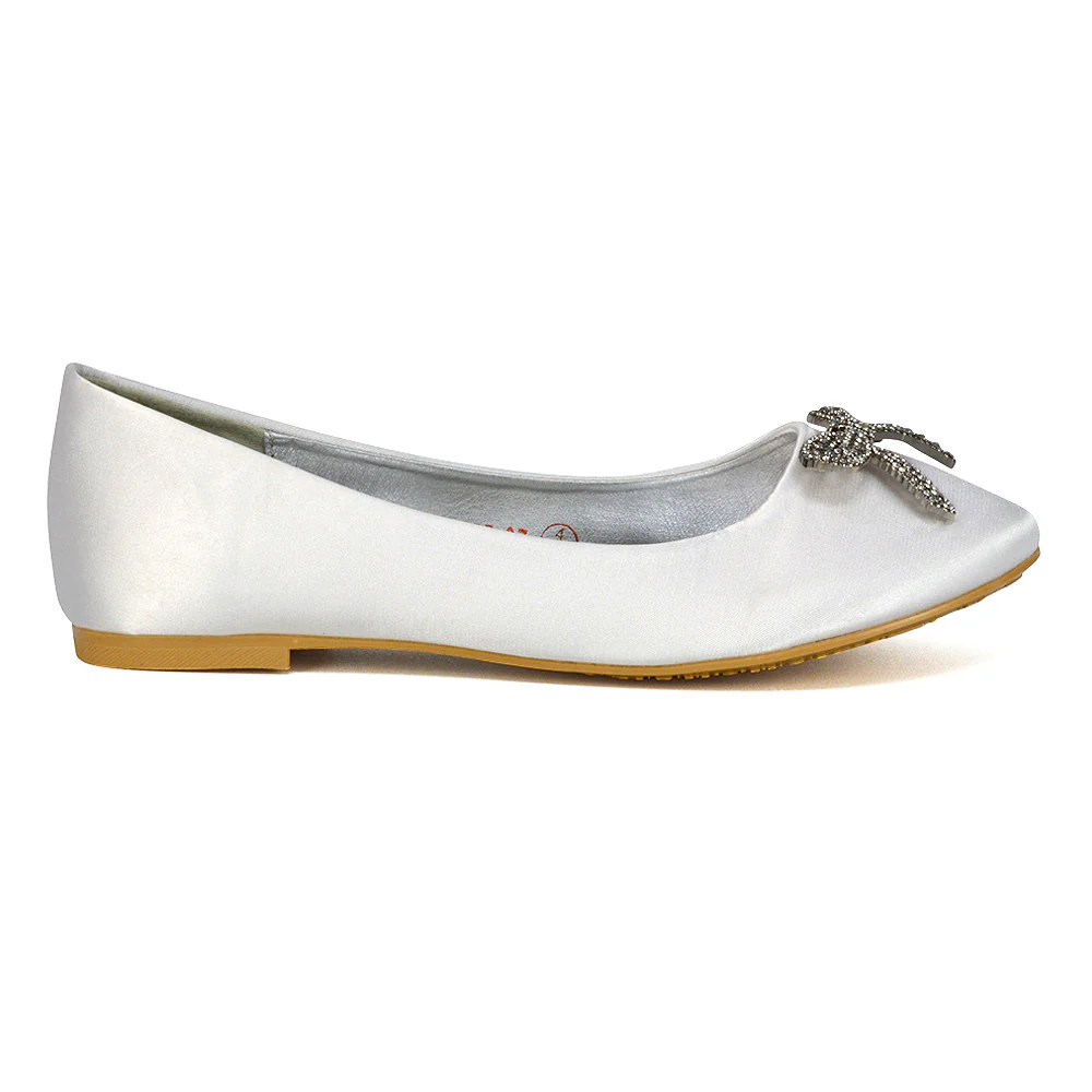 Rory Diamante Bow Flat Slip-on Wedding Bridal Pump Ballerina Shoes in Silver Satin - Image 43
