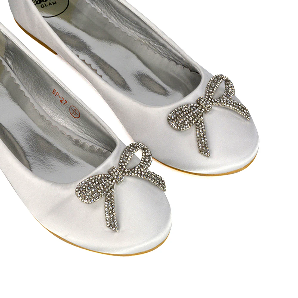 Rory Diamante Bow Flat Slip-on Wedding Bridal Pump Ballerina Shoes in White Satin - Image 57