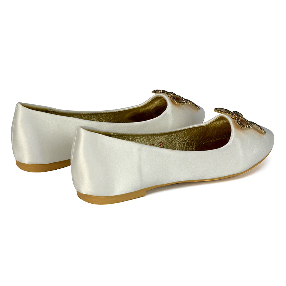 Rory Diamante Bow Flat Slip-on Wedding Bridal Pump Ballerina Shoes in White Satin - Image 89