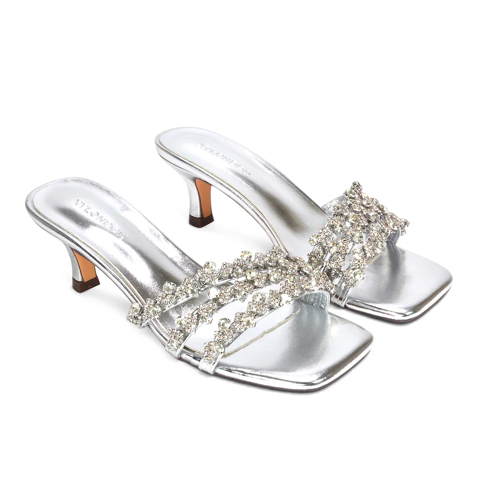 Rosa Mid Stiletto Heel Diamante Strappy Square Toe Heeled Mules in Gold - Image 17