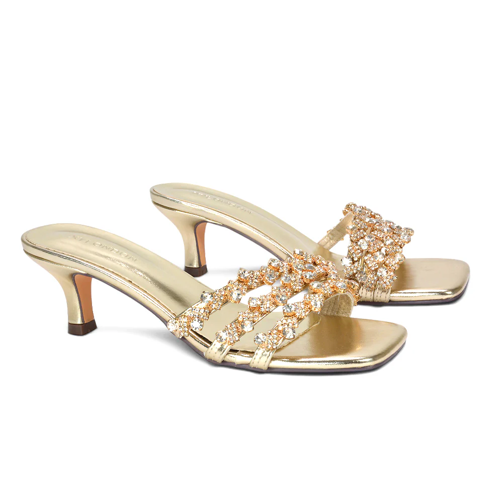 Rosa Mid Stiletto Heel Diamante Strappy Square Toe Heeled Mules in Gold - Image 3