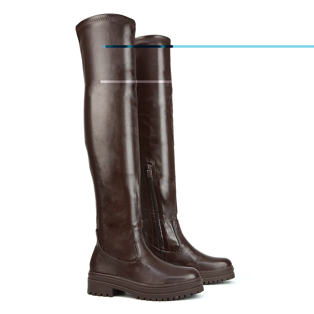 Rosalia Flat Chunky Sole Over the Knee Thigh High Long Boots in Beige Synthetic Leather - Image 31