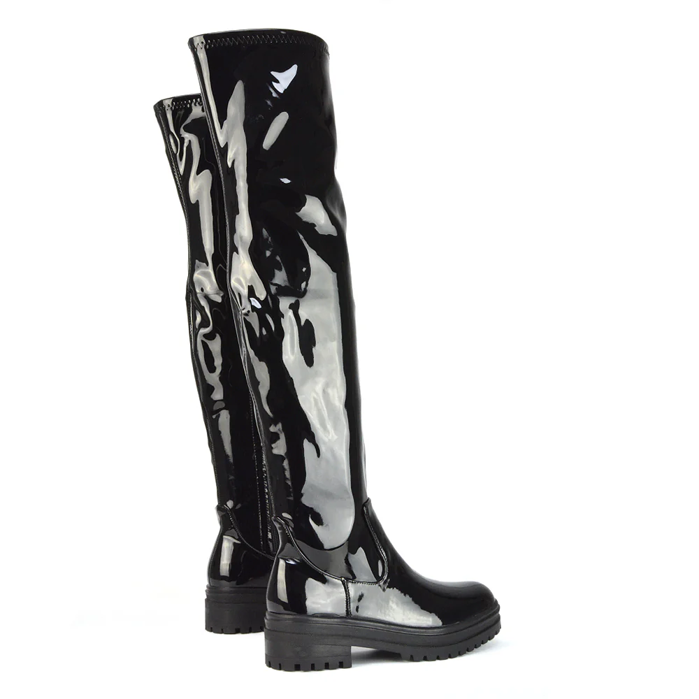 Rosalia Flat Chunky Sole Over the Knee Thigh High Long Boots in Black Faux Suede - Image 129