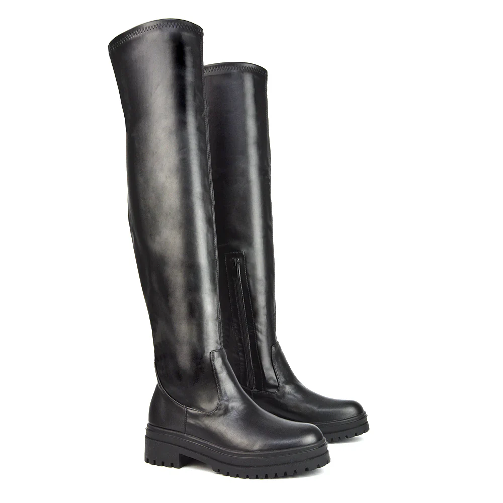 Rosalia Flat Chunky Sole Over the Knee Thigh High Long Boots in Black Faux Suede - Image 20