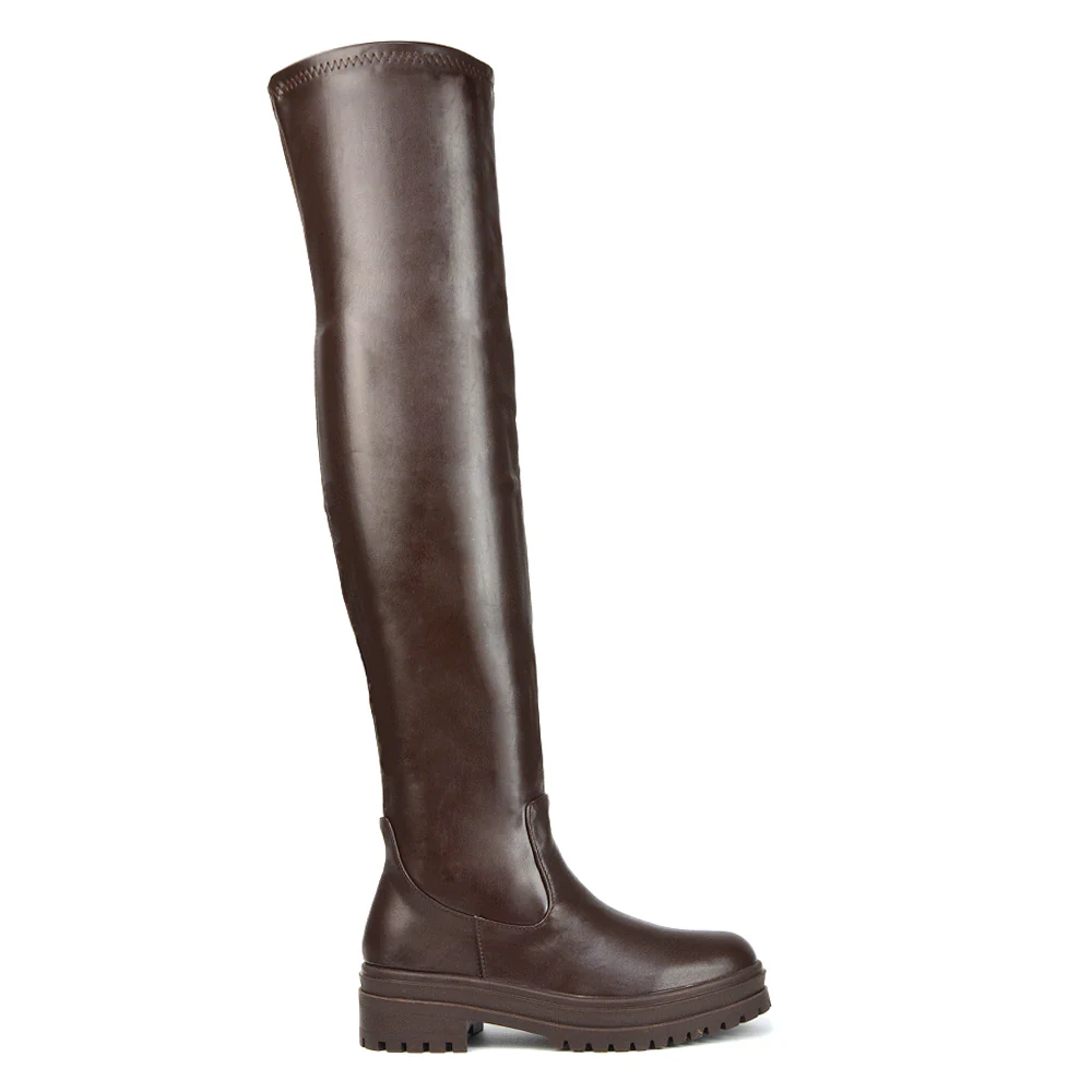 Rosalia Flat Chunky Sole Over the Knee Thigh High Long Boots in Black Faux Suede - Image 59