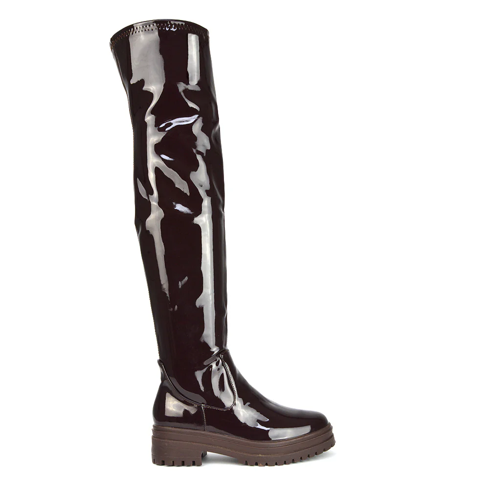 Rosalia Flat Chunky Sole Over the Knee Thigh High Long Boots in Brown Patent - Image 2