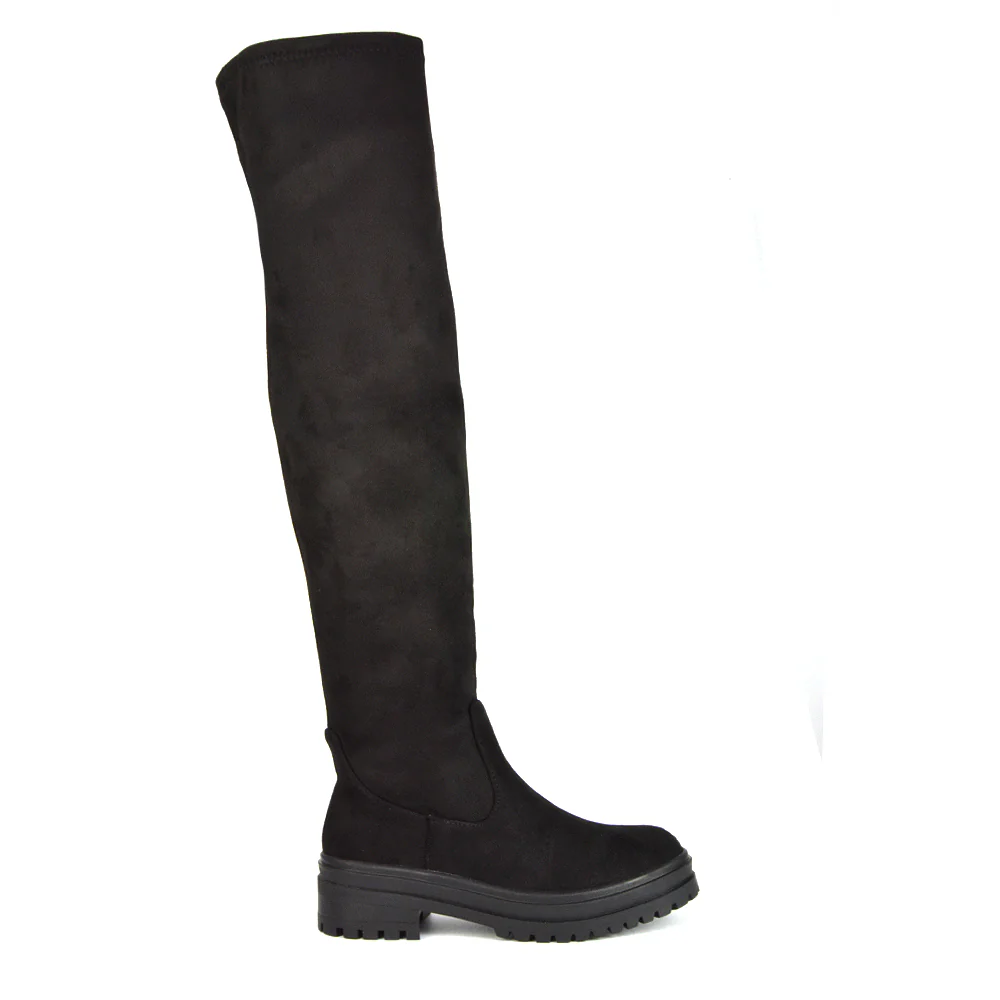 Rosalia Flat Chunky Sole Over the Knee Thigh High Long Boots in Brown Patent - Image 98