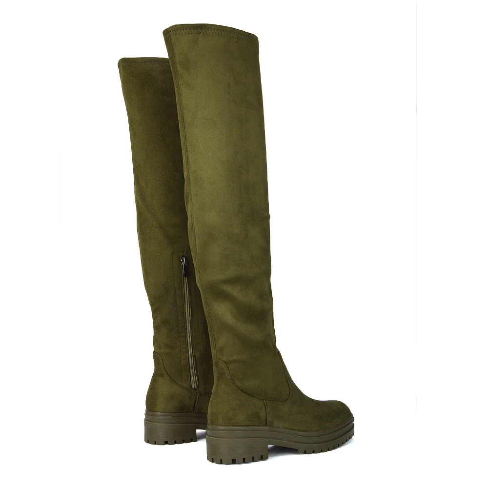 Rosalia Flat Chunky Sole Over the Knee Thigh High Long Boots in Green Faux Suede - Image 3