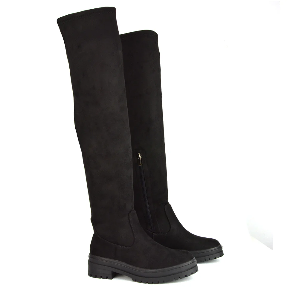 Rosalia Flat Chunky Sole Over the Knee Thigh High Long Boots in Nude Faux Suede - Image 105