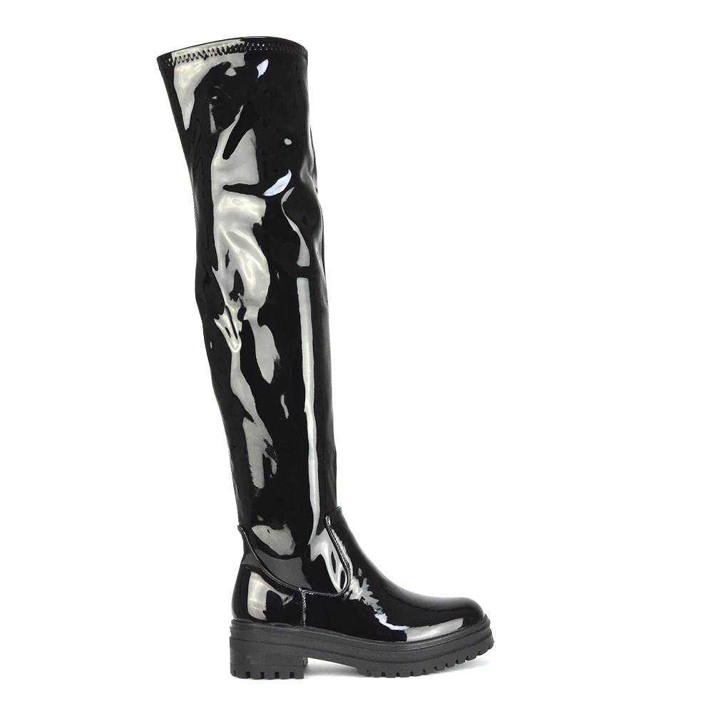 Rosalia Flat Chunky Sole Over the Knee Thigh High Long Boots in Nude Faux Suede - Image 118