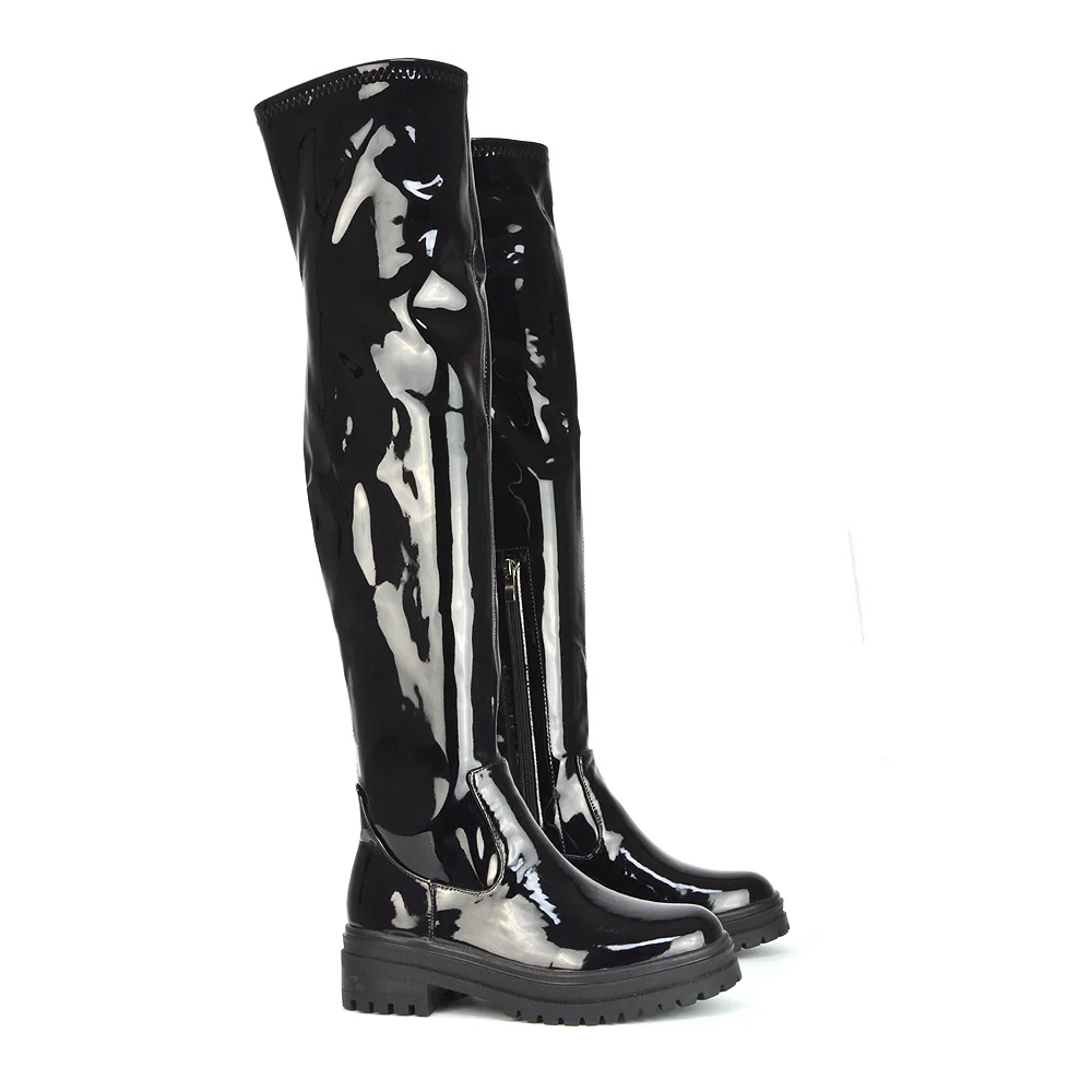 Rosalia Flat Chunky Sole Over the Knee Thigh High Long Boots in Nude Faux Suede - Image 123