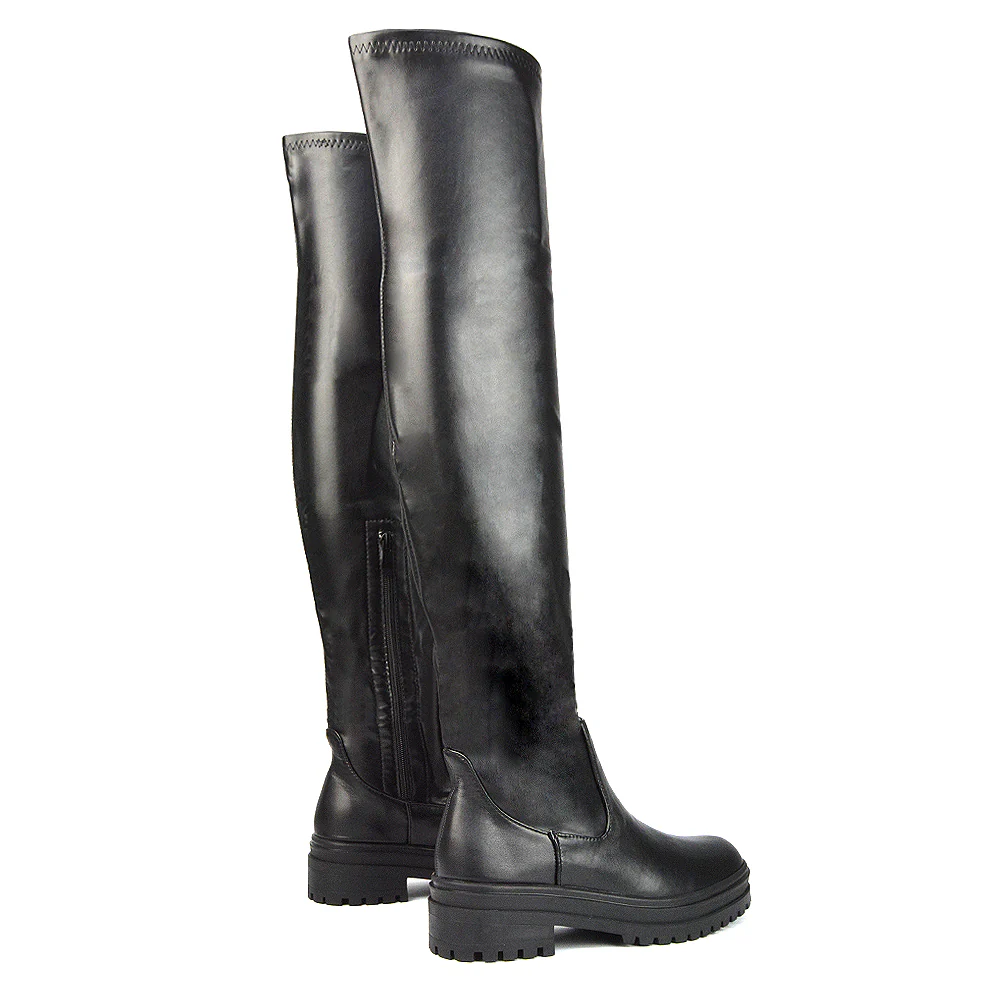 Rosalia Flat Chunky Sole Over the Knee Thigh High Long Boots in Nude Faux Suede - Image 29