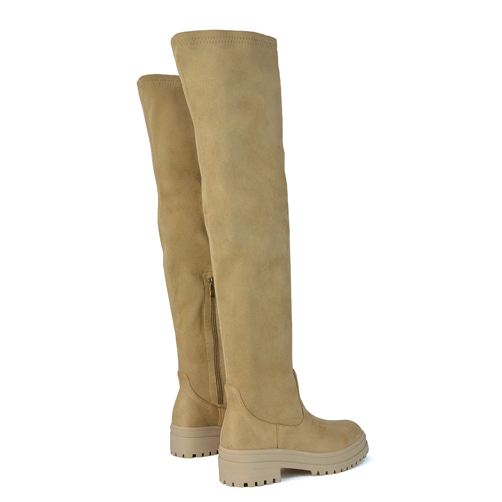 Rosalia Flat Chunky Sole Over the Knee Thigh High Long Boots in Nude Faux Suede - Image 3