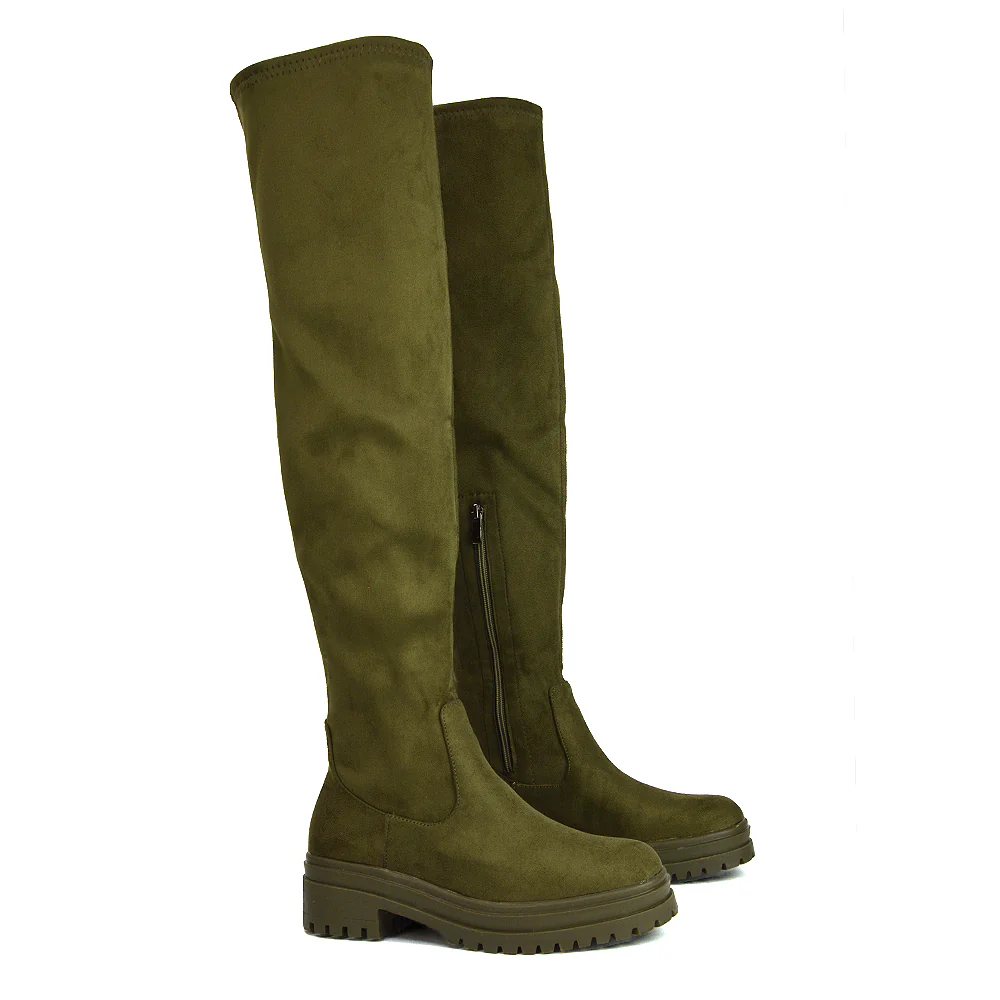 Rosalia Flat Chunky Sole Over the Knee Thigh High Long Boots in Nude Faux Suede - Image 30