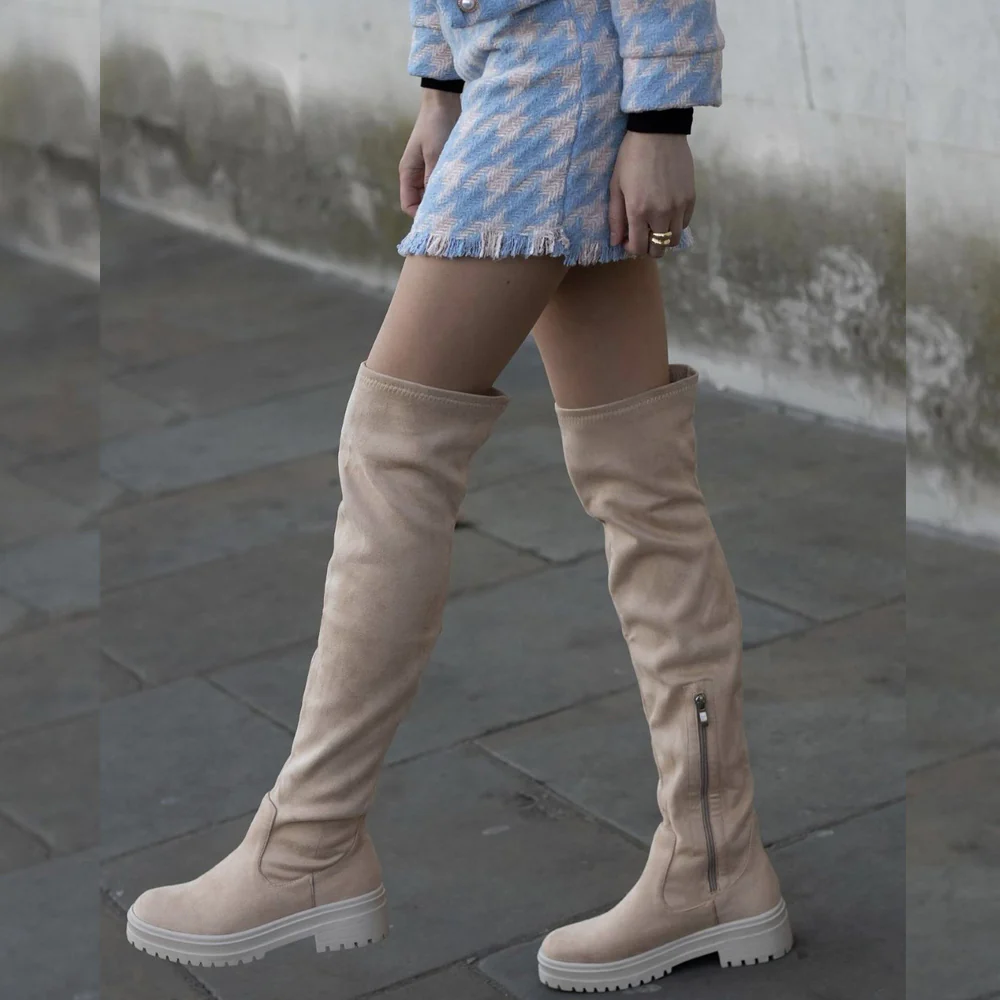 Rosalia Flat Chunky Sole Over the Knee Thigh High Long Boots in Nude Faux Suede - Image 4