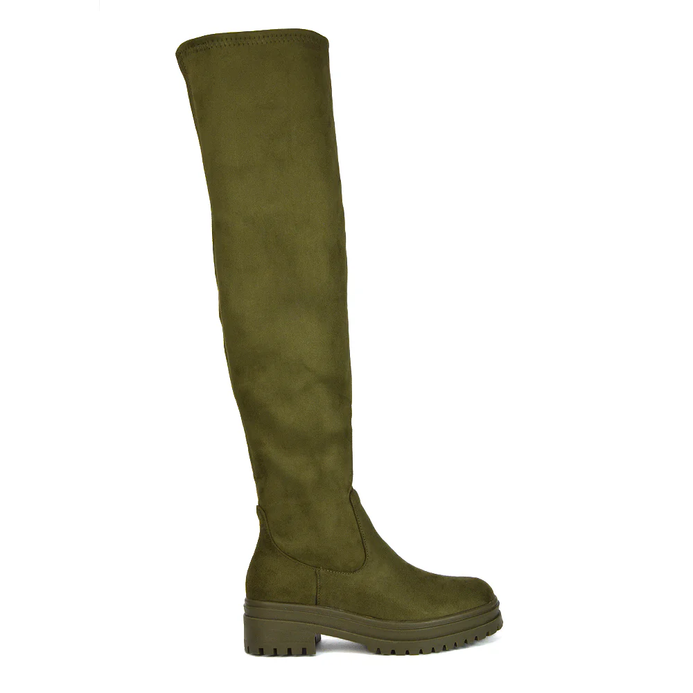 Rosalia Flat Chunky Sole Over the Knee Thigh High Long Boots in Nude Faux Suede - Image 46
