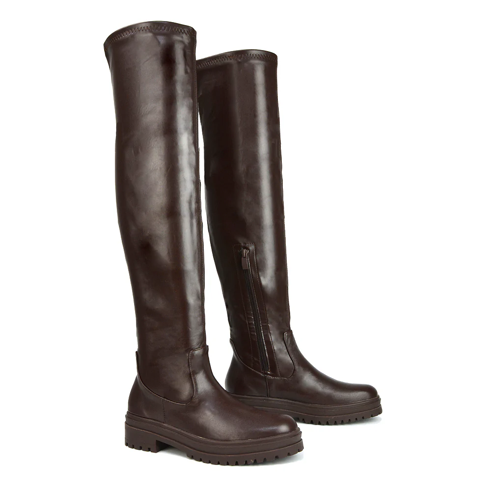 Rosalia Flat Chunky Sole Over the Knee Thigh High Long Boots in Nude Faux Suede - Image 63
