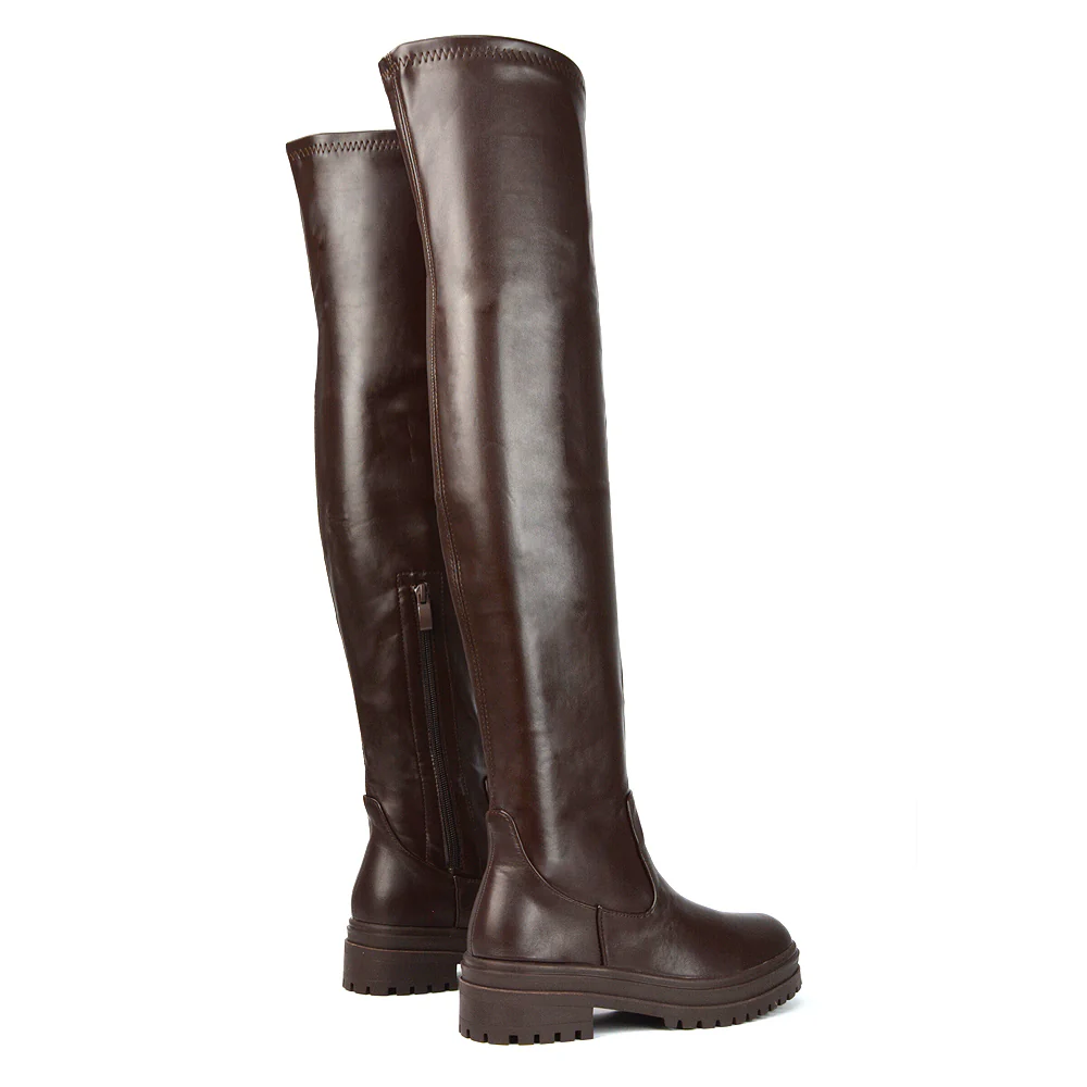 Rosalia Flat Chunky Sole Over the Knee Thigh High Long Boots in Nude Faux Suede - Image 66