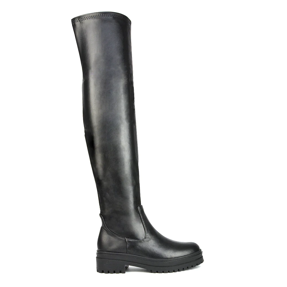 Rosalia Flat Chunky Sole Over the Knee Thigh High Long Boots in Nude Faux Suede - Image 7