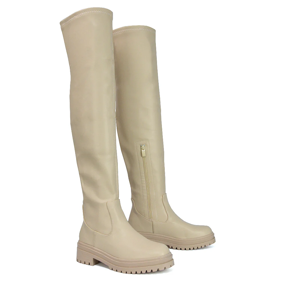 Rosalia Flat Chunky Sole Over the Knee Thigh High Long Boots in Nude Faux Suede - Image 76