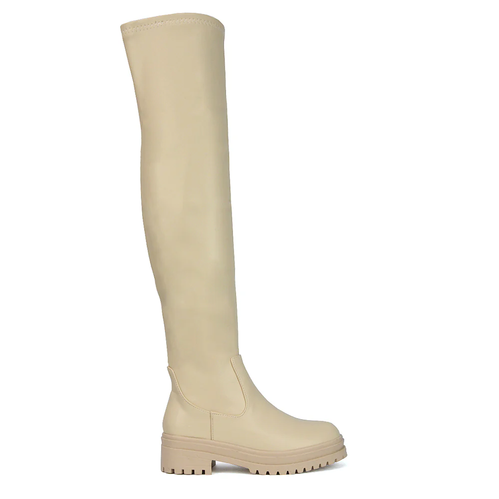 Rosalia Flat Chunky Sole Over the Knee Thigh High Long Boots in Nude Faux Suede - Image 77
