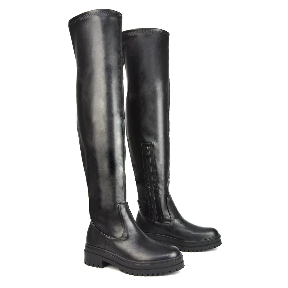 Rosalia Flat Chunky Sole Over the Knee Thigh High Long Boots in Nude Faux Suede - Image 8