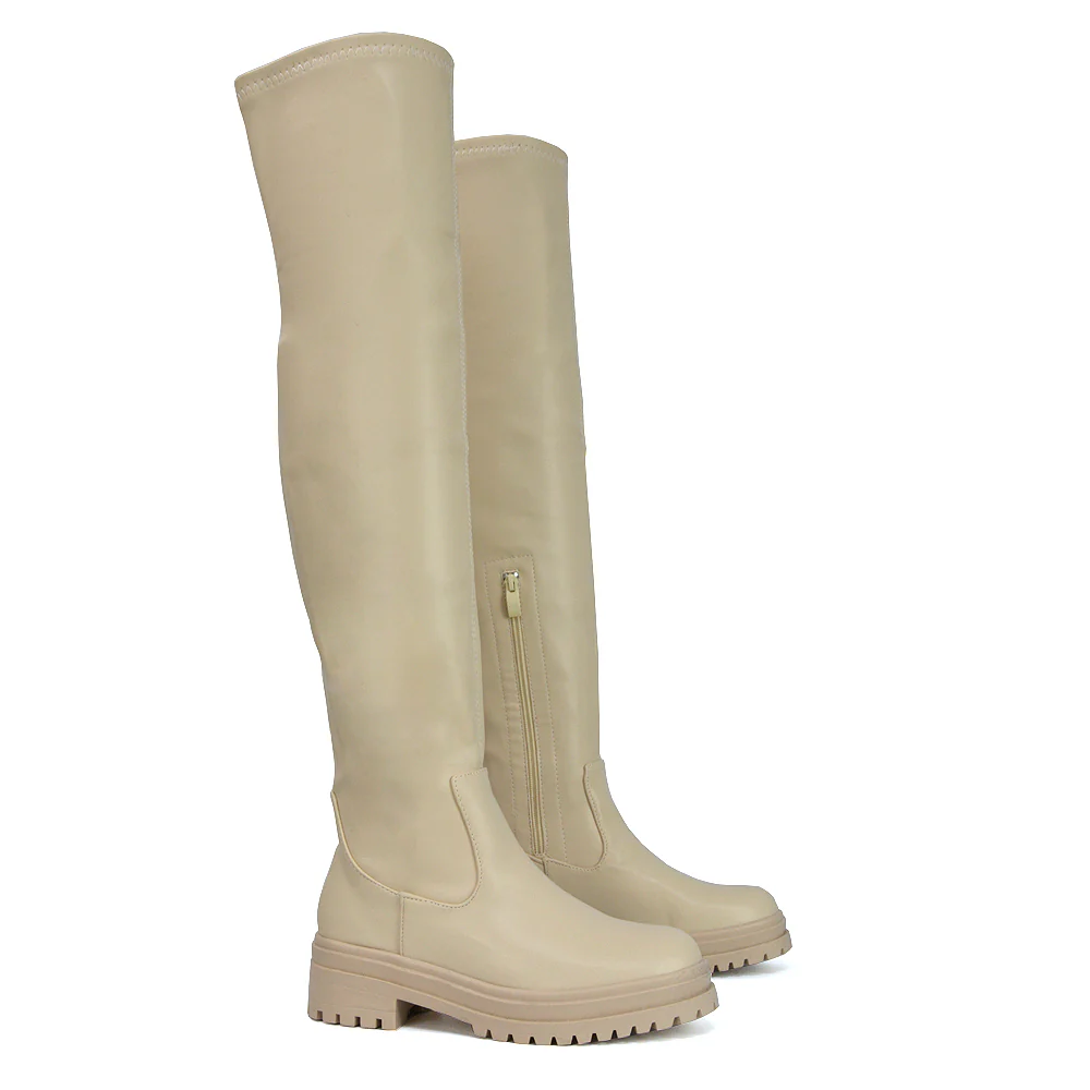 Rosalia Flat Chunky Sole Over the Knee Thigh High Long Boots in Nude Faux Suede - Image 90