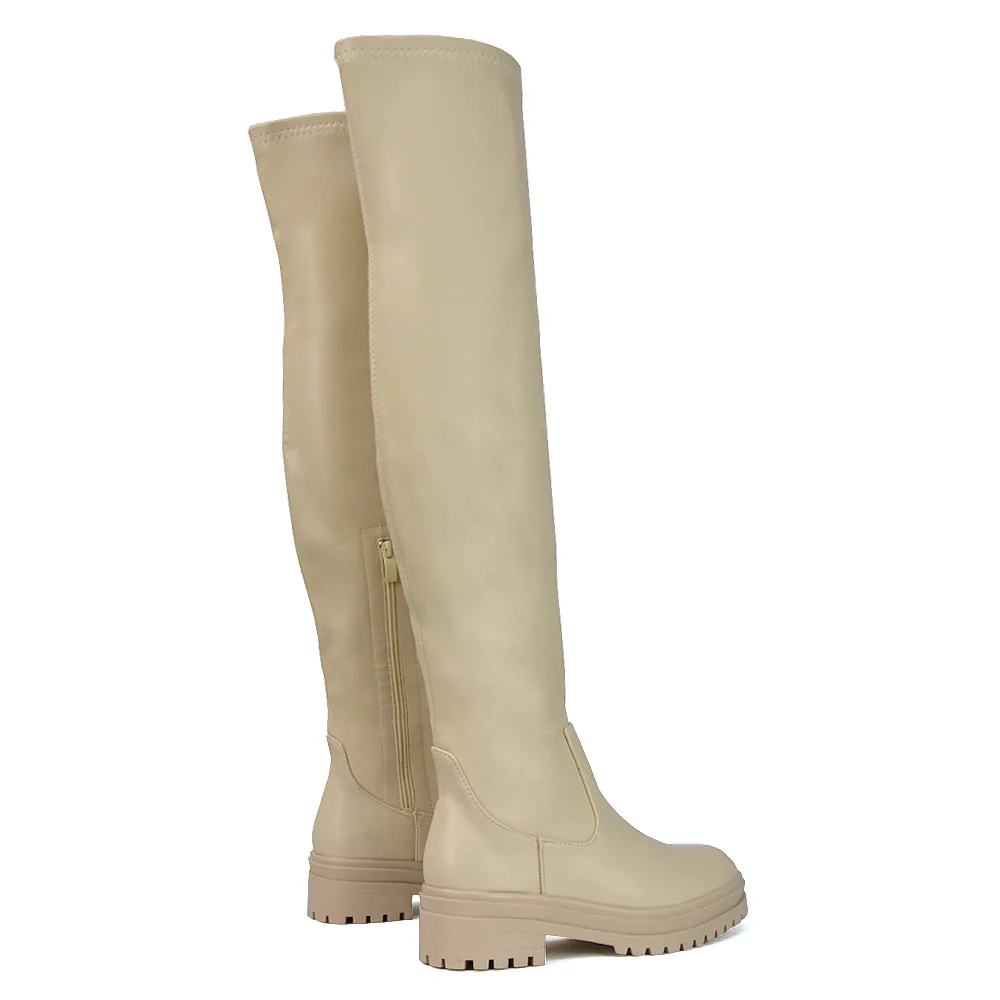 Rosalia Flat Chunky Sole Over the Knee Thigh High Long Boots in Nude Faux Suede - Image 91